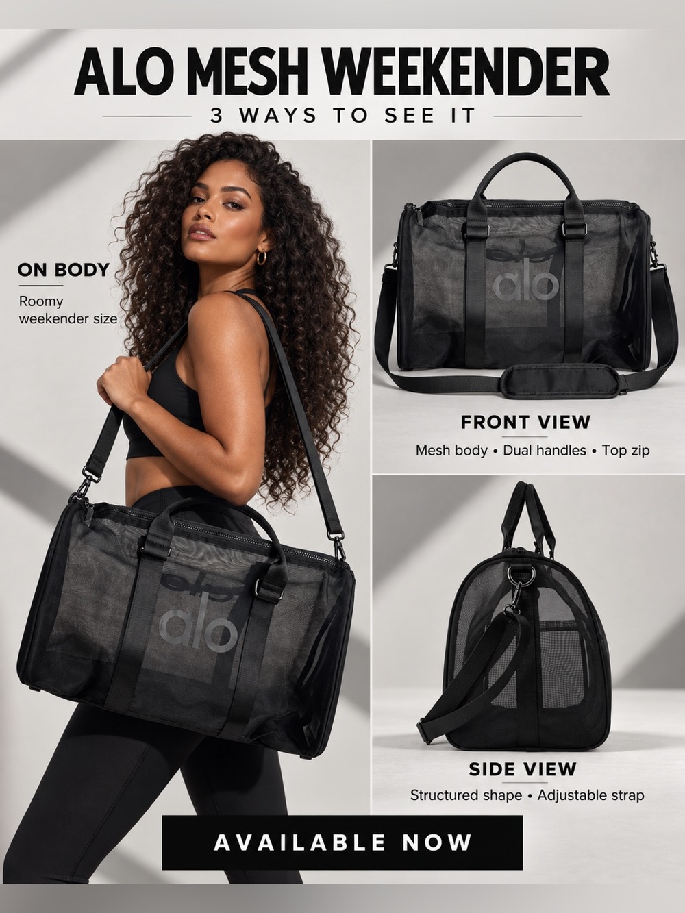 ALO Yoga Black Mesh Weekender Travel Bag